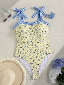 Swim Mod 藍白條紋 2025 春夏可愛極簡風荷葉邊蕾絲綁帶大尺碼女款連身泳衣 休閒田園清新度假海灘風 - 淡黃色 - 查看 7