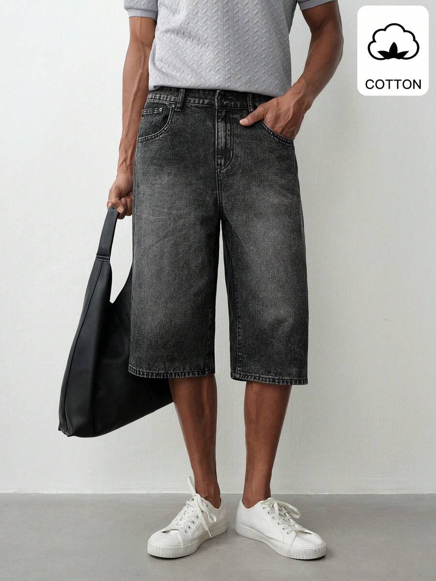 MENRIVO Herren Loose Lässig vielseitige Weite Bein Jeans Shorts Streetwear Shorts - Grau - Übersicht 1
