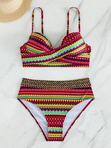 Swim Lushoire 女款度假幾何印花交叉背心式比基尼上衣與三角比基尼泳褲套裝，含鋼圈，隨機印花 - 彩色 - 查看 6