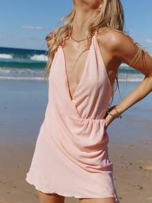 Aralina 节日吊带不对称垂坠缎面吊带裙度假连衣裙派对迷你裙春夏装扮橙色带珠饰细节 - 藕粉色 - 查看 3
