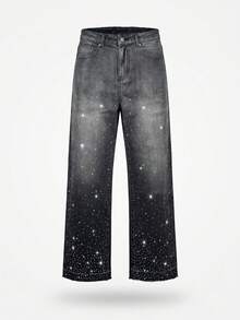 DSELFIQUE Pantalones anchos y sueltos con lavado degradado y adornos de rhinestones para hombres, estilo callejero estadounidense de alta calle - Negro - Ver 5