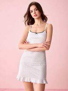 Bonmuse Women's Vintage Polka Dot Slip Dress, Spaghetti Strap V-Neck Nightgown With Ruffle Hem & Bow Accent, Bodycon Fit, Soft Breathable Fabric, Ideal Sleepwear & Loungewear For Cozy Nights & Lazy Days - White - View 9