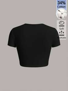 SHEIN BASICS 女款素色修身短版圓領T恤上衣 白色短版上衣 - 黑色 - 查看 2