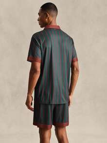 EverLounge Men's Green Gingham And Striped Contrast Color Lapel Cardigan Short Sleeve Shorts Milk Silk Home Casual Pajama 2pcs Set Lounge Summer - Dark Green - View 2