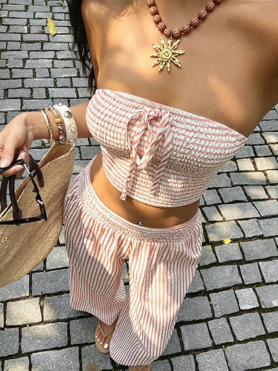 Sunnyshic Damen kariertes gerafftes Bandeau-Top und Hose Lässig Alltag Set - Pink - Übersicht 1