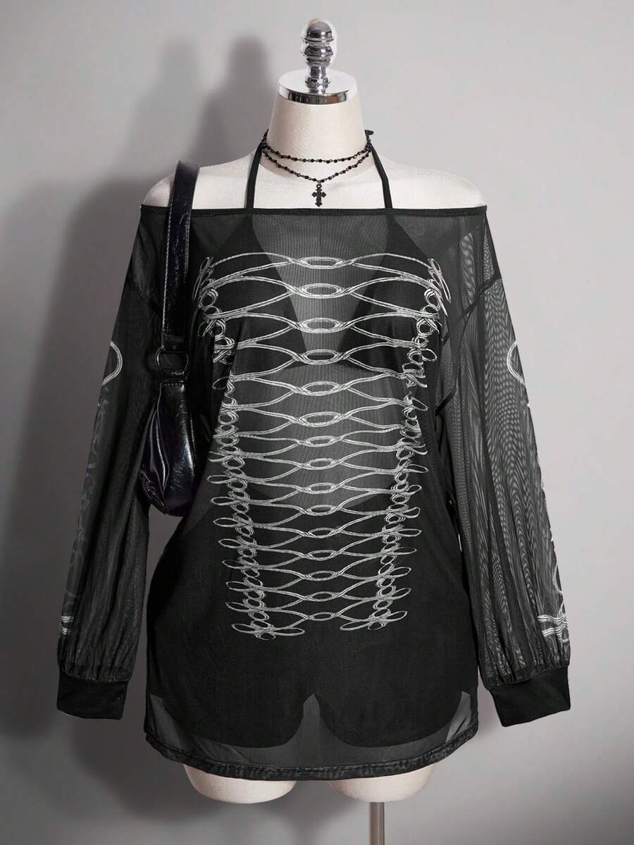 SHEIN ICON 大尺碼 Y2K 哥德風性感復古龐克鑰匙圖案雙排扣透視網紗寬開衩迷你洋裝 黑白配色 秋季健身房派對夜店電音節穿搭 - 黑色 - 查看 1