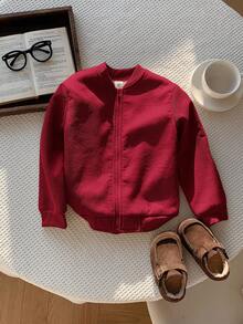 SHEIN Young Boys Corduroy Fleece Lined Zipper Baseball Jacket Padded Coat, Super Affordable, Suitable For Commuting, School, Daily Casual, College Style, Travel, Sports, Autumn/Winter - Burgundy - View 5
