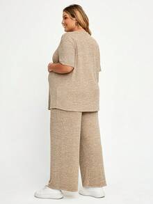 Plussiva Plus Size Maternity Round Neck Short Sleeve T-Shirt Pants Baggy 2 Pieces Set Post Partum Nursing Summer Light Blue Photoshoot Casual Loose Fit - Khaki - View 3