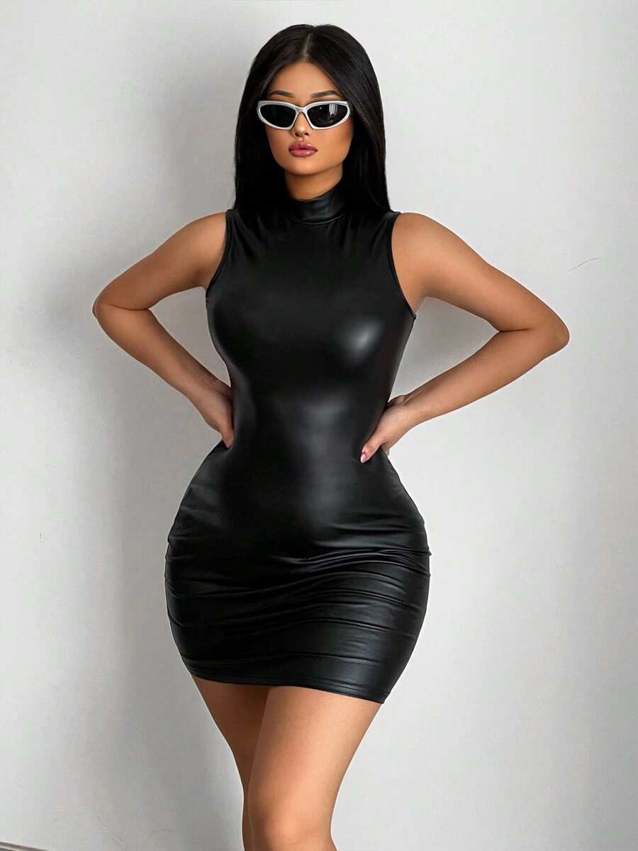 Sirith Mock Neck PU Leather Bodycon Dress - Black - View 1