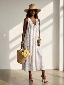 Livesso Vacation Holiday Outfit Summer V-Neck Sleeveless Backless Tie-Dye Texture Loose White Women's Dress Beach Boho - White - View 7