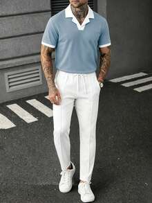 Manfinity CasualCool 男士拼色短袖 Polo 衫與長褲套裝 - 霧霾藍 - 查看 4