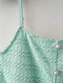 SHEIN Franclia 女款法式休閒日常優雅紋理柔軟鏤空面料春夏細肩帶背心修身蕾絲薄荷綠 - 淺藍色 - 查看 4