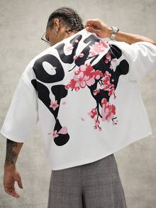 PAVTROS Camiseta de hombre joven estilo streetwear con estampado de flores de cerezo acolchado, para vacaciones - Blanco - Ver 6