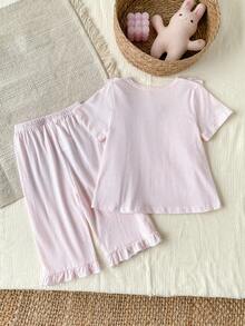 Light Pink Glitter Lace Trim Girls Pajama Set 2pcs, Bow & Ruffle Short Sleeve Top + 3/4 Pants, Princess Style Loungewear - Multicolor - View 2