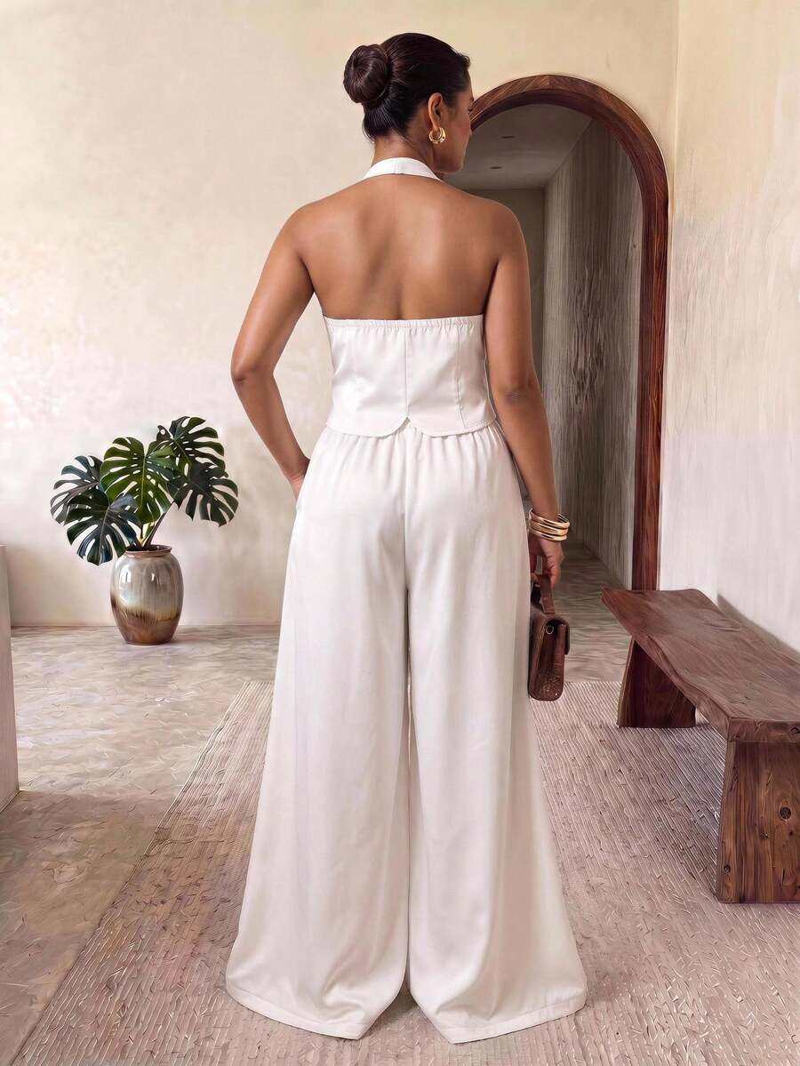 Truni Plus Size Casual Elegant Vacation Wide-Leg Two Pieces Set Formal Party Formal Office White Summer - White - View 1