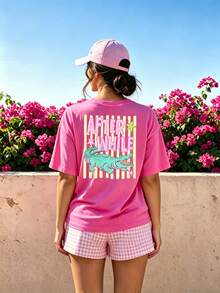 DrmWander 大尺碼 After While 鱷魚圖案 T-shirt，年終教師上衣，夏季海灘襯衫，最後上學日 - 玫紅色 - 查看 2