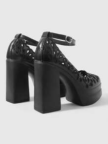 ROMWE Women's Fashion And Sexy Platform High-Heeled Shoes, Punk Style Gothic Dark Style Hollow Embroidery Engraving With Buckle Design, Spring, Summer - Black - View 4