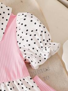 SHEIN Playful Pals Baby Girls' Spring/Summer Holiday 2-Piece Set, Polka Dot Pattern, Cute Style. Collared Puff Short Sleeve Ruffle Hem Top, Flared Long Pants, Pink - Baby Pink - View 8
