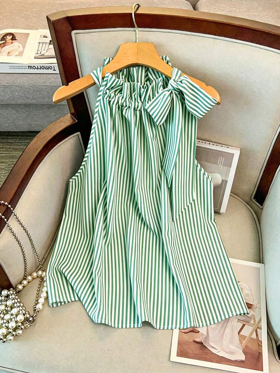 GlowEve CURVE Spring Summer Autumn High Neck Sleeveless Elegant Striped White Plus Size Shirt Vacation Dates - Green - View 1
