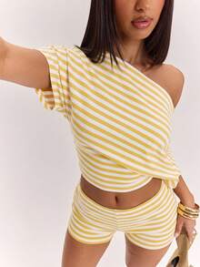 SHEIN BAE Women's Striped Asymmetric Shoulder Short Sleeve Top And Low Waist Shorts Set, Spring/Summer Striped Two Pieces Set, Summer Two Pieces Set, Casual Two Pieces Set, Comfortable Two Pieces Set, Suitable For Beach Vacation And Daily Casual Wear, Basic Style/Summer/Beach/Outing Outfit, Striped Set - Yellow - View 6