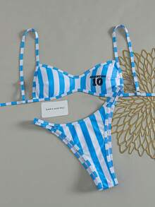 SHEIN Swim 夏季新款跨境歐美風甜美女孩阿根廷足球世界盃細邊兩件式比基尼套裝，綁帶式設計，三點式高衩三角褲，小胸聚攏性感女款泳衣，適用溫泉、海灘、度假、生日派對、假期、約會 - 彩色 - 查看 3