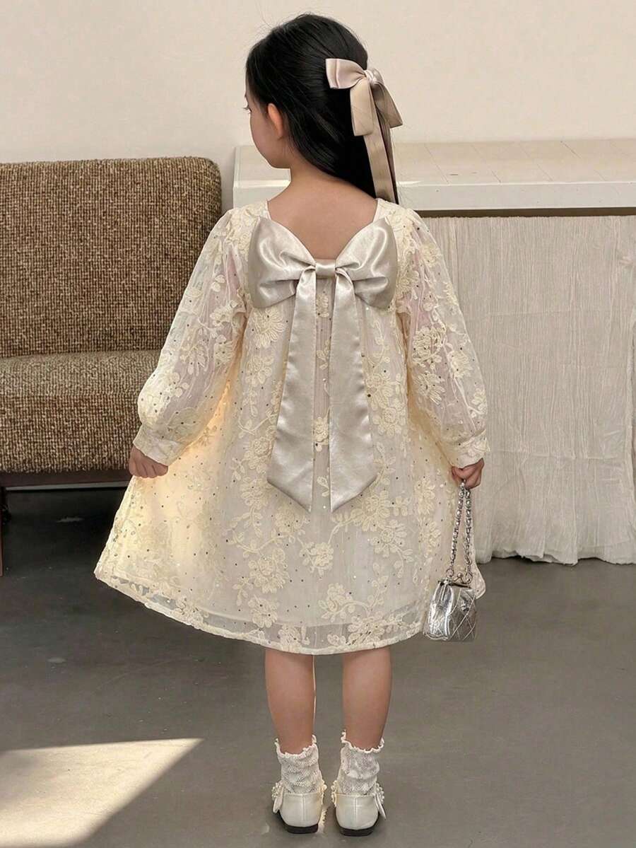 DAZY 女童優雅花卉刺繡蝴蝶結裝飾派對洋裝 秋季 - 米色 - 查看 1