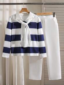 Boys Navy Striped Polo & White Straight Pants With Knit Shawl For Commute, Trips, Gathering, Dining & Back To School - Navy Blue - View 6