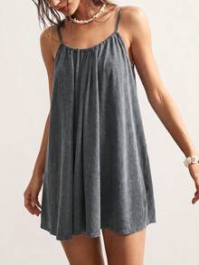 Bohemela Casual Boho Solid Color Knit Loose Washed Mini Dress For Women Beach Charcoal Gray Summer - Dark Grey - View 2