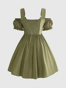 ROMWE Fairycore Vintage Floral Embroidery Mori Style Cottagecore Patchwork 2 In 1 Plus Size Dress - Green - View 3