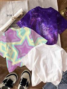 Young Girl Casual Simple Cartoon Pattern Round Neck Short Sleeve Basic T-Shirt Suitable For Spring And Summer 3pcs/Set - Multicolor - View 2