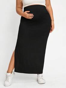 Plussiva 大尺碼孕婦純色側開衩修身裙，夏季拍照用正式黑色孕婦休閒寬鬆裙 - 黑色 - 查看 3
