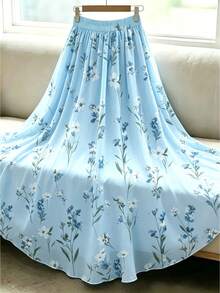 Franclia 女款粉嫩花卉雪紡長裙，高腰百褶優雅少女風，彈性腰頭，適合夏季波希米亞海灘、高爾夫、度假與派對穿著 - 藍色 - 查看 5