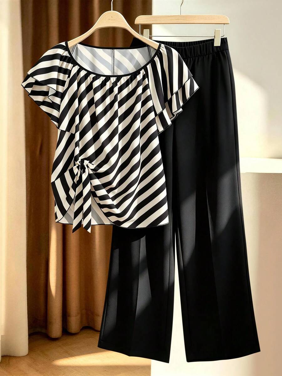 Seusyu Plus Size Slimming Black White Striped Set / Asymmetric Tie Print Top + Drapey Wide Leg Pants 2pcs Set/Casual/Commute Dates Fashion Week Summer - Black - View 1