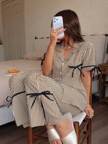 Dream Adore Artistic Retro Striped Lace-Up Loungewear Set, Classic Lapel Short Sleeve Long Pants Set - Multicolor - View 1