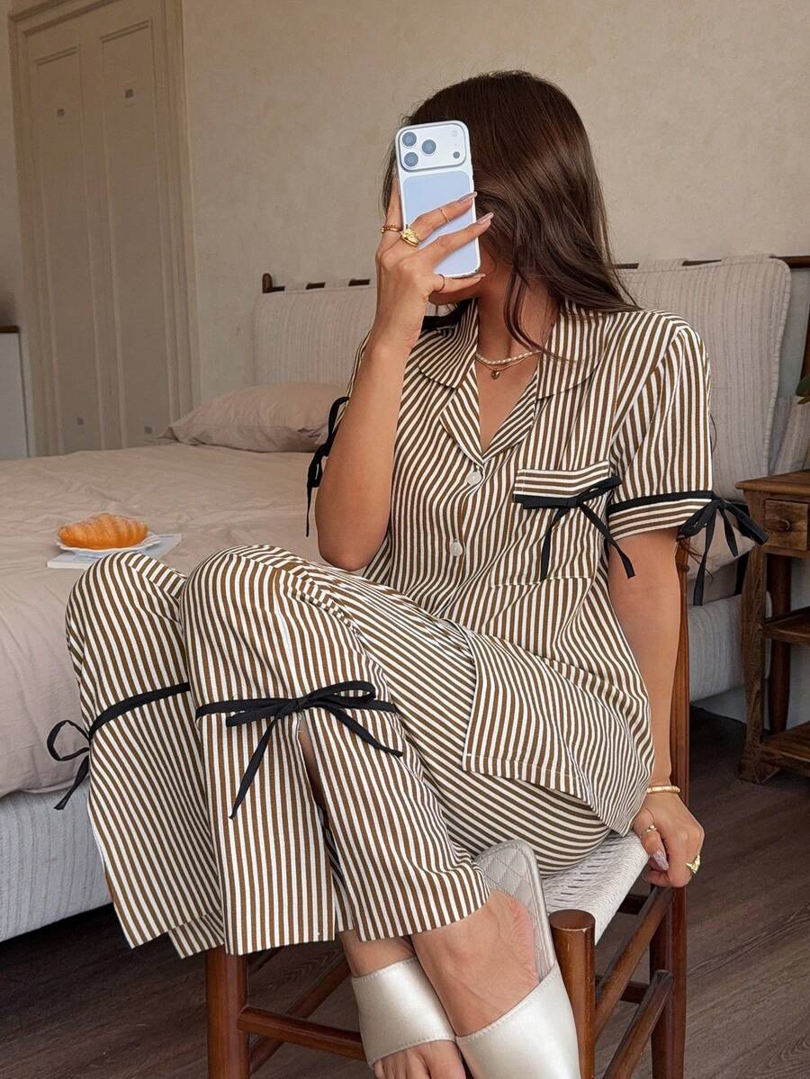 Dream Adore Artistic Retro Striped Lace-Up Loungewear Set, Classic Lapel Short Sleeve Long Pants Set - Multicolor - View 1
