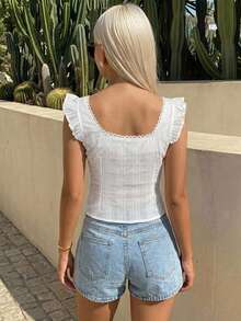 DAZY 女款休閒度假海灘夏季短版方領收腰背心上衣，紋理布料拼接蕾絲飾邊 - 白色 - 查看 2