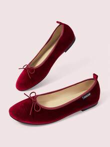 CUCCOO DOLLMOD Women's Shoes, Burgundy, Velvet Texture, Bow-Decorated Round Toe Ballet Flats, Sweet, Cute, Comfortable And Versatile - Burgundy - View 3