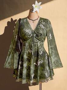 SHEIN ICON 女款大尺碼綠色佩斯利印花洋裝 - 彩色 - 查看 3