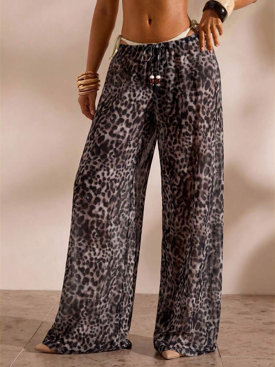 Opulessa Women's Leopard Print Drawstring Waist Casual Versatile Vacation Travel Cover-Up Pants - Multicolor - View 1
