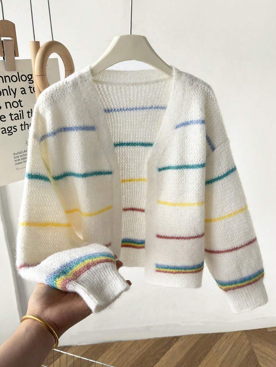 SHEIN 少女款馬卡龍條紋彩色毛絨開襟衫,秋冬款 - 彩色 - 查看 1