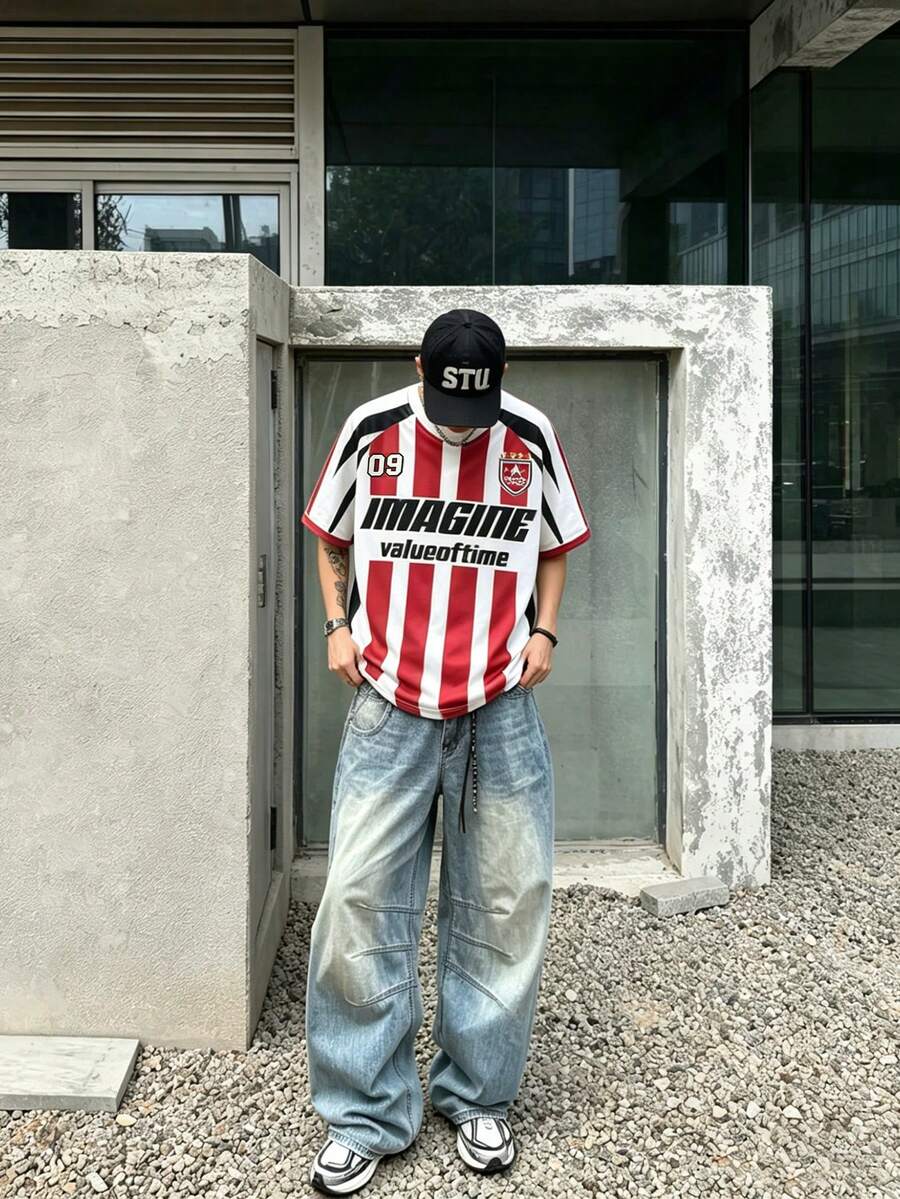 Manfinity Dauomo 男士休闲时尚街头字母撞色条纹印花插肩短袖T恤,夏季 - 彩色 - 查看 1