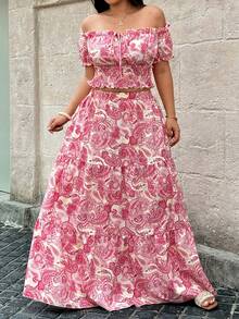 Vionelle Plus Size Peris Pattern Resort Set: Off-Shoulder Short-Sleeve Top With Waist-High Ruffles Women's Long Skirt Two Pieces White Beach Vacation Summer - Pink - View 6