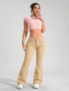 SHEIN PETITE 休闲纯色低腰喇叭牛仔裤 - 卡其色 - 查看 5