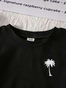 SHEIN Playful Pals 男嬰夏季清爽套裝 刺繡椰子樹T恤 + 條紋短褲 日常外出舒適套裝 - 彩色 - 查看 4