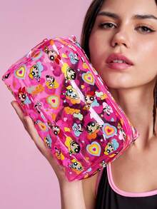 THE POWERPUFF GIRLS X SHEIN 1個大容量卡通角色圖案印花PVC材質化妝包，適合存放化妝品、文具、日常用品、數位產品，完美適用於通勤、上學、旅行，適合所有年齡層，適合學生，花卉、泡泡、毛茛、友誼、愛 - 彩色 - 查看 1