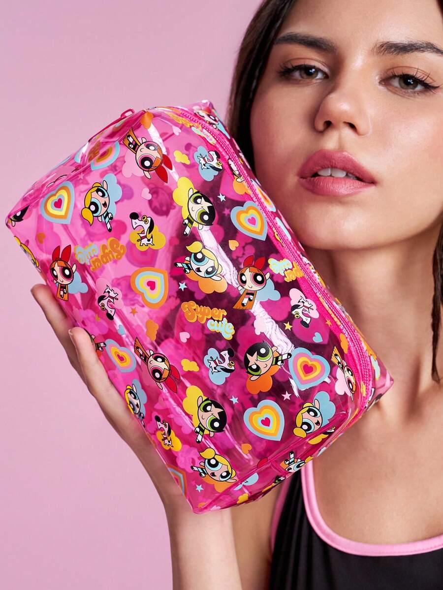 THE POWERPUFF GIRLS X SHEIN 1個大容量卡通角色圖案印花PVC材質化妝包,適合存放化妝品、文具、日常用品、數位產品,完美適用於通勤、上學、旅行,適合所有年齡層,適合學生,花卉、泡泡、毛茛、友誼、愛 - 彩色 - 查看 1