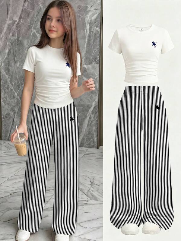 Tween Girl Tween Girls T-Shirt And Long Pants Knit 2 Pieces Set Casual Cute Daily Fashion Versatile Back-To-School School White Black And White Summer