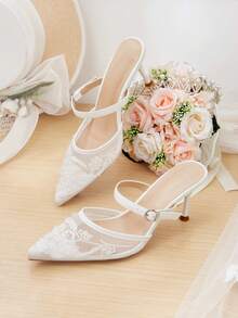 CUCCOO HITCHD Scarpe da donna nuovi modelli primavera ed estate, sandali Mueller a punta con ricamo in rete, fibbia e tacco sottile, pantofole con tacco alto, stile retrò leggero e familiare, scarpe da pendolare per il lavoro, scarpe da appuntamento e banchetto, eleganti, sottili e versatili - Bianco - Visualizzare 1