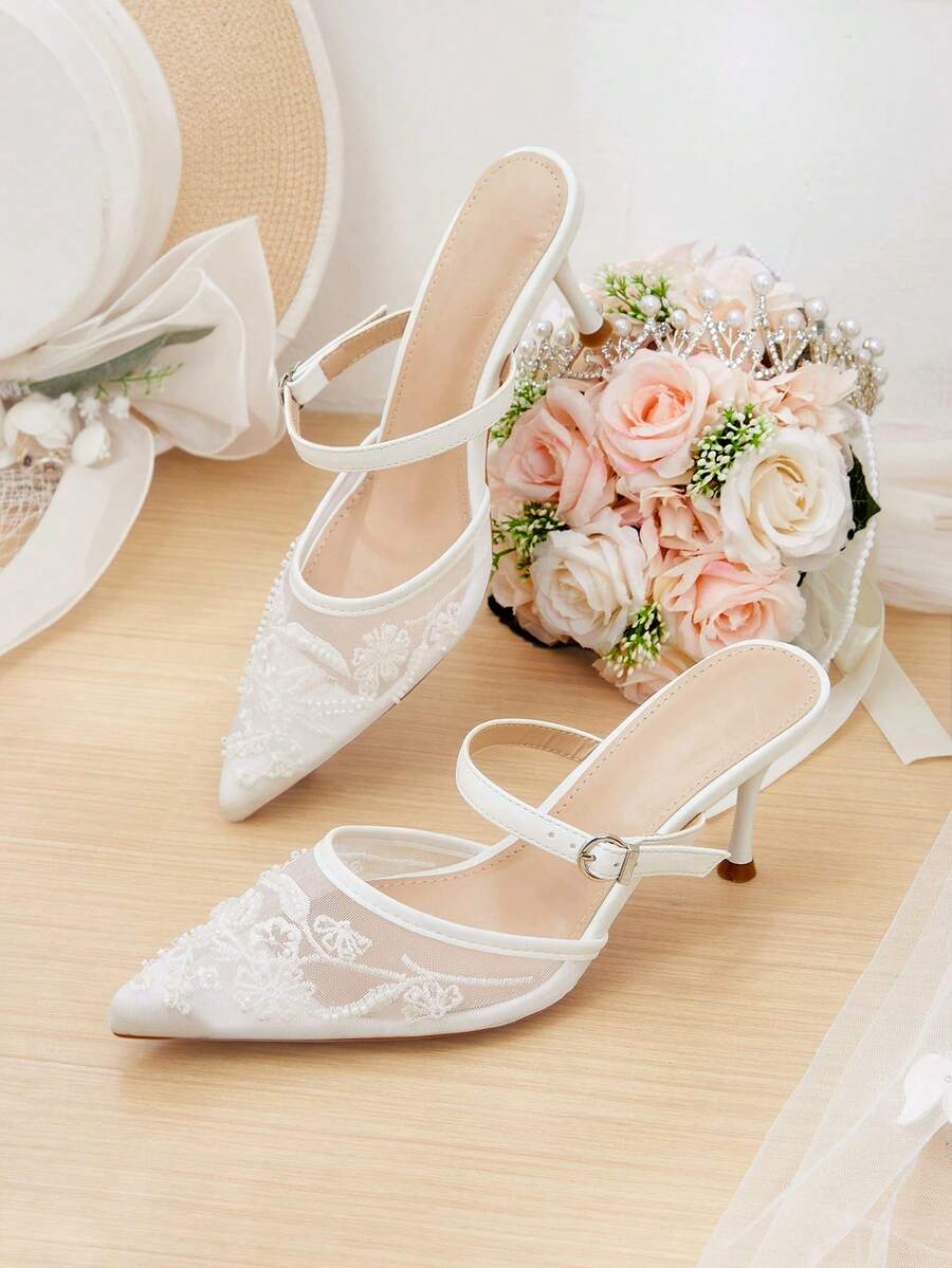 CUCCOO HITCHD Scarpe da donna nuovi modelli primavera ed estate, sandali Mueller a punta con ricamo in rete, fibbia e tacco sottile, pantofole con tacco alto, stile retrò leggero e familiare, scarpe da pendolare per il lavoro, scarpe da appuntamento e banchetto, eleganti, sottili e versatili - Bianco - Visualizzare 1