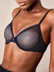 Veilyse Sheer Unpadded Mesh Breathable Bra, Lingerie - Black - View 6